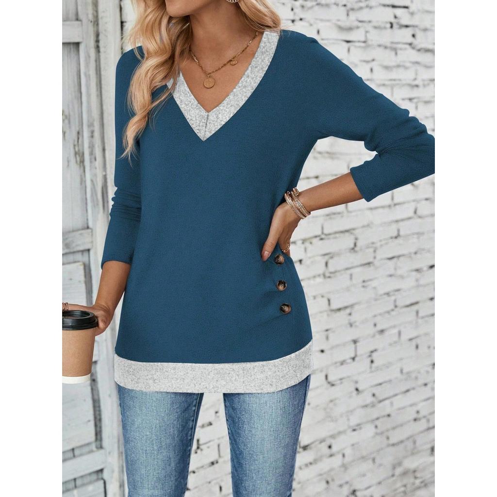 Women's V Neck Long Sleeve Basic Top Regular Fit Elegant Casual T-Shirt With Button Decor Solid Color
