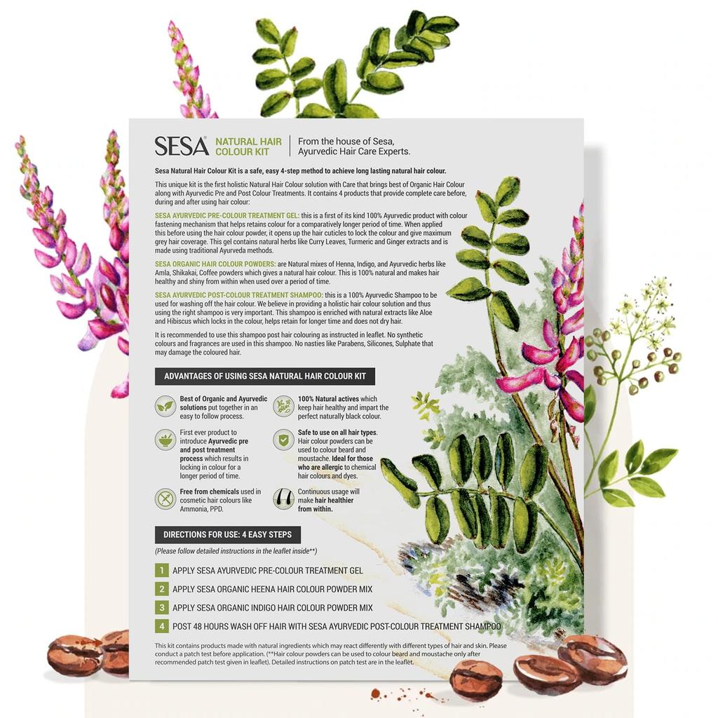 SESA 4 Step Natural Hair Colour Kit For Grey Hair Coverage Organic Ayurvedic No Ammonia PPD Peroxide 200g + 40ml DIY Use