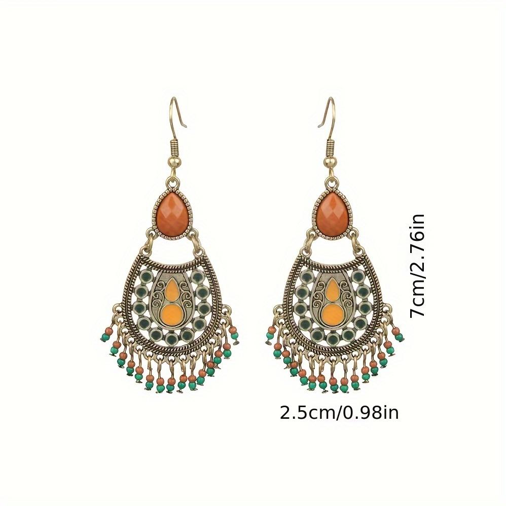 1 Pair of Women's Vintage Court Style Geometric Beaded Earrings – Gold Zinc Alloy with Orange, Green, and Black Beads, Everyday Jewelry