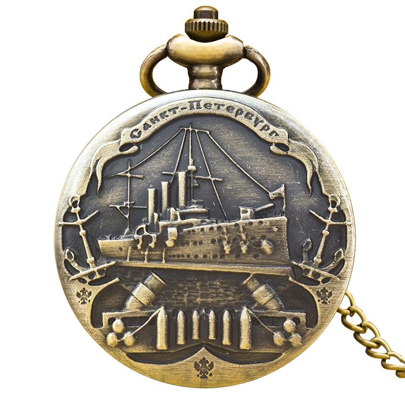 

Vintage Bronze Sailboat Design Quartz Pocket Watch with Sweater Necklace Chain for Women