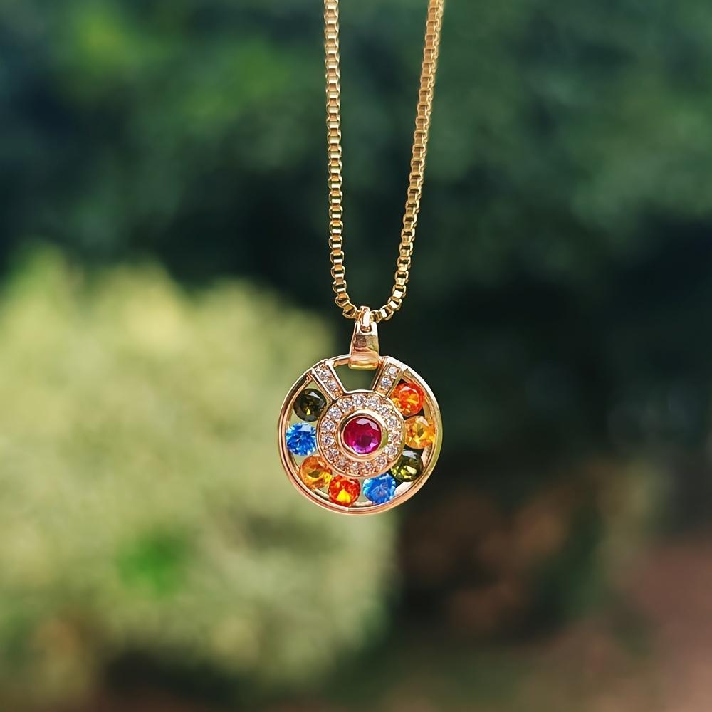 Round Colored Zirconia Pendant Necklace for Women New Fashion Golden Stainless Steel Chain Wedding Party Jewelry Accessories