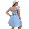 Summer Women's Square Collar Short Sleeve Blue Dress Temperament Fashion Party Dress Backless A-line Dress Plus Size Slim Dress