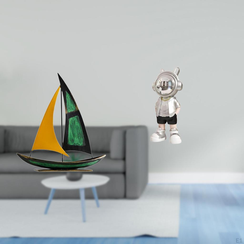 Iron Sailboat Astronaut Sculpture Tabletop Ornament Modern Decorative Figurine for Desk Bookshelf