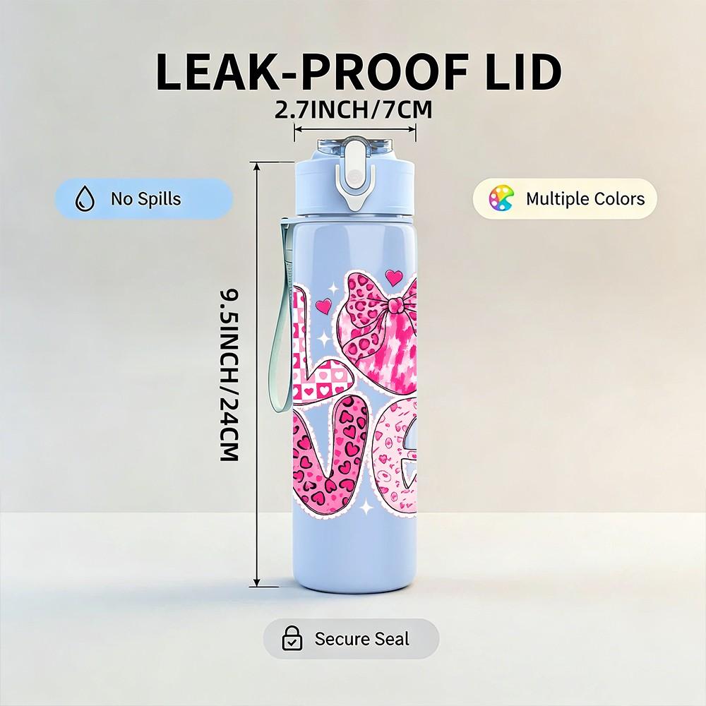 1PC Pink Glitter Love Heart Letter Print 750ml Color Plastic Sports Water Bottle Leakproof Flip Straw Lid Suitable for Sports Office Home Use