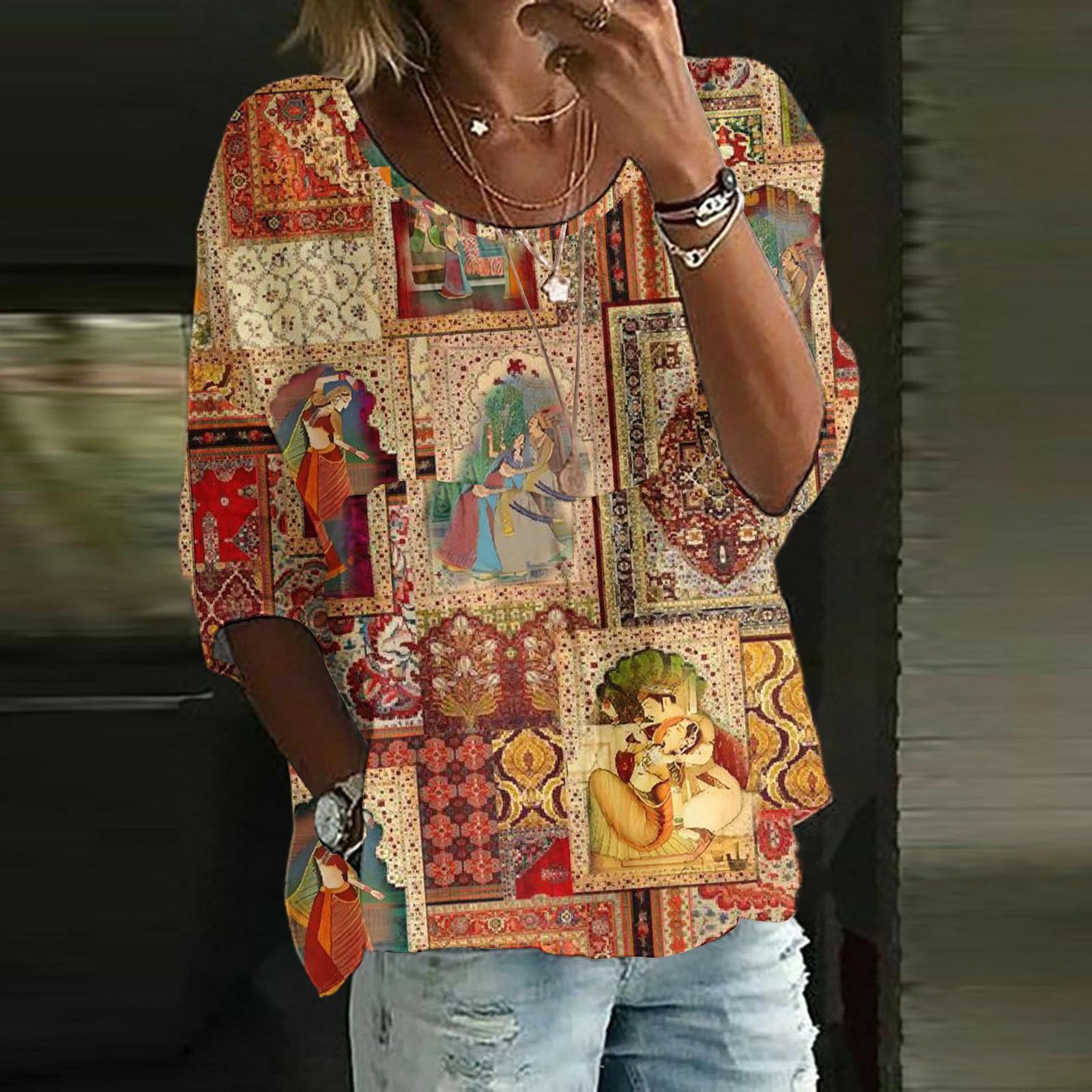 

Женский повседневный модный топ с рукавом три четверти, свободного кроя, с круглым вырезом и цветочным принтом XXL шафрановый