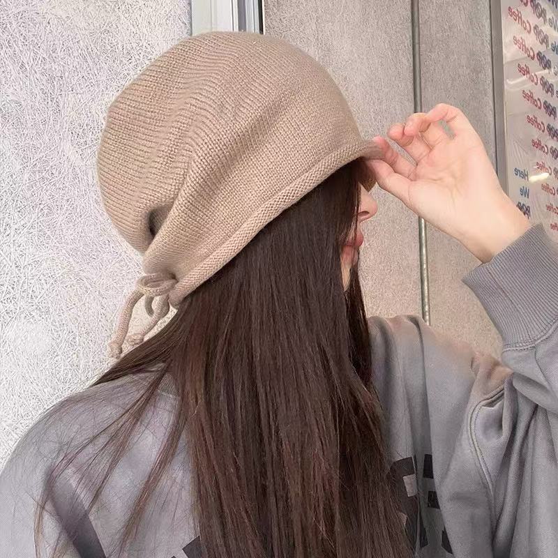 Autumn and Winter New Drawstring Checkerboard Knitted Wool Hat Women's Stacking Hat Big Head Circumference Versatile Bag Head Cold Hat