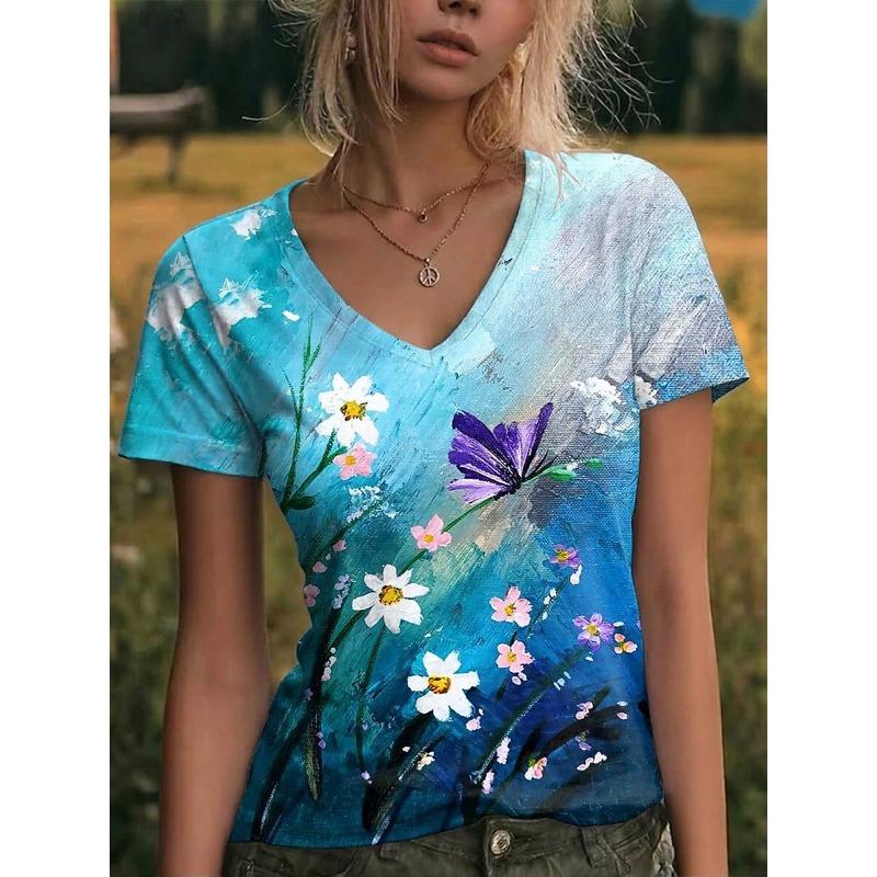 

Women s V Neck Short Sleeve T-Shirt Floral Graphic Print Casual Regular Tops Daily Going Out Wear Blue Green for Spring & Summer S