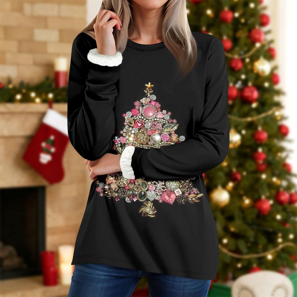 Women's Round Neck Top Printing Thickened Plush Cashmere Warm Long Top