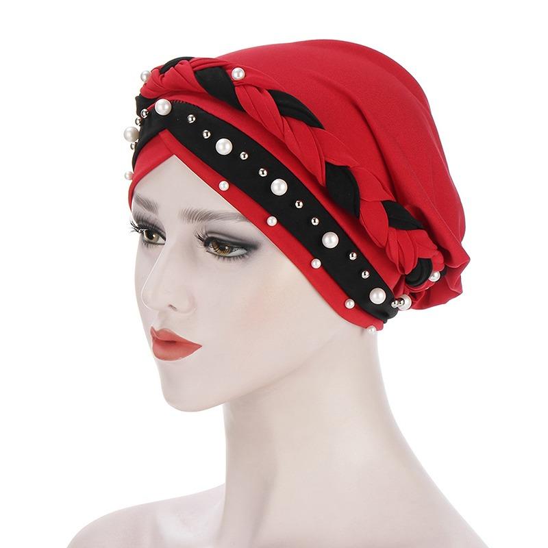 Indian Muslim Women Two Color Hijab Milk Silk Chemical Hat Braided Bead Hijab Islamic Hijab Ladies Bicolor Pearl Baotou Cap