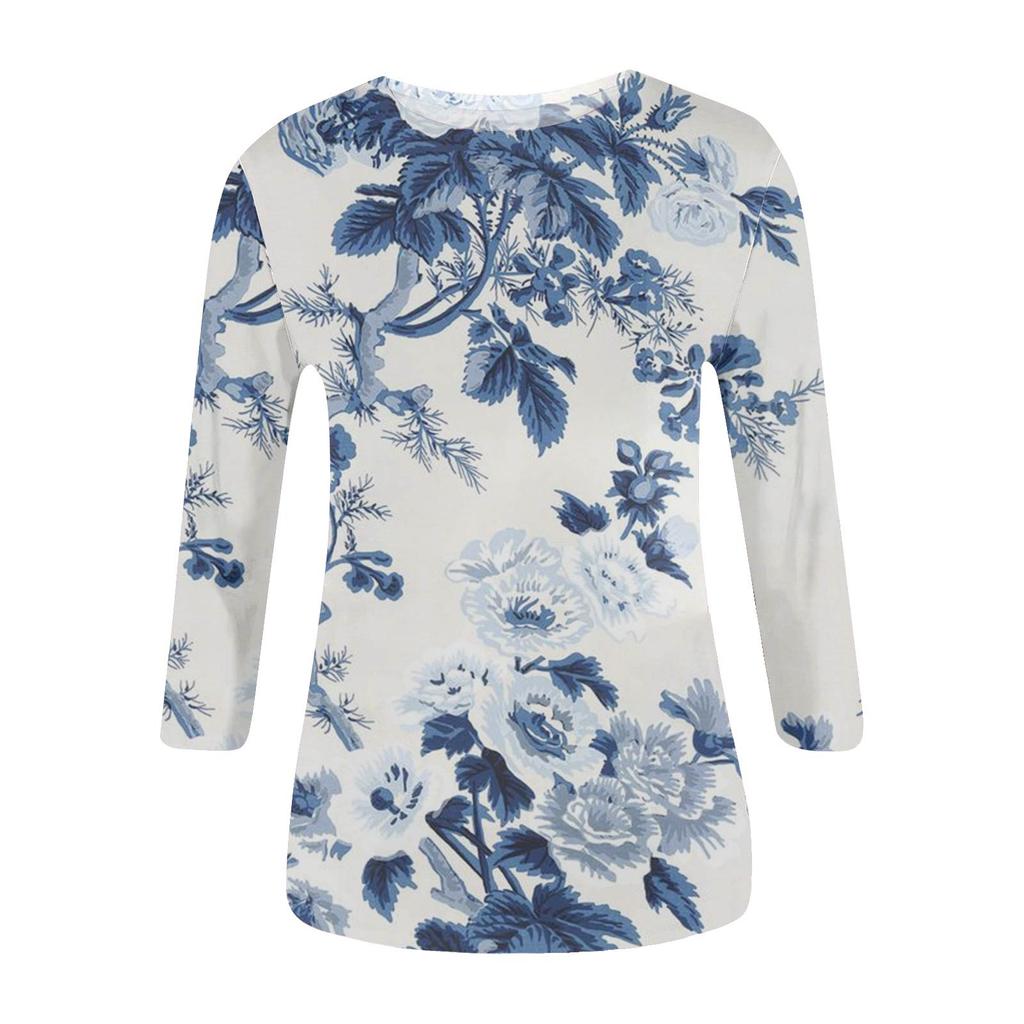 Women's Fashion Casual Temperament Irregular Color Patchwork Printed Seven-quarter Sleeve Blouse