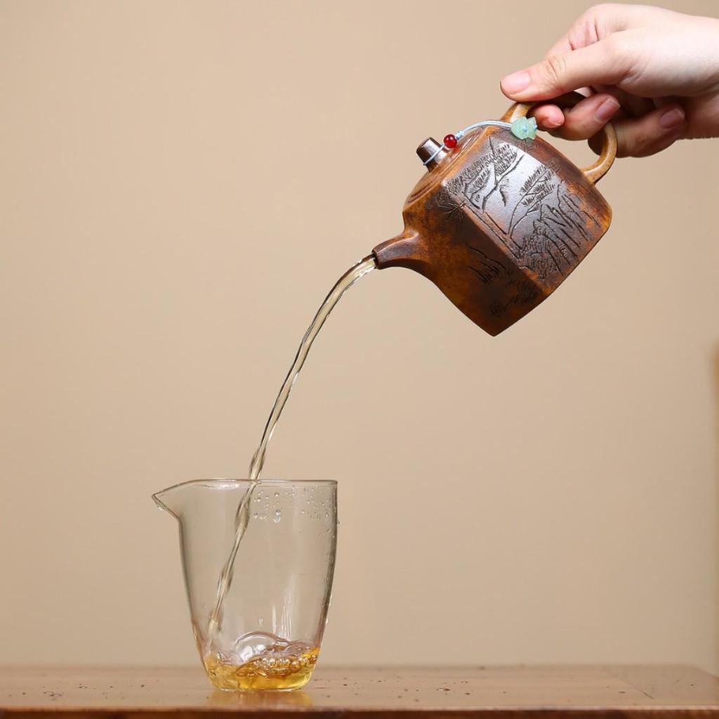 Yixing Zisha Teapot: Semi-Handmade Hexagonal Pine Carving with High Temperature Gold Sand Finish