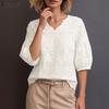 Women Casual V-Neck 3/4 Sleeve Loose Lace Crochet Patchwork Blouse