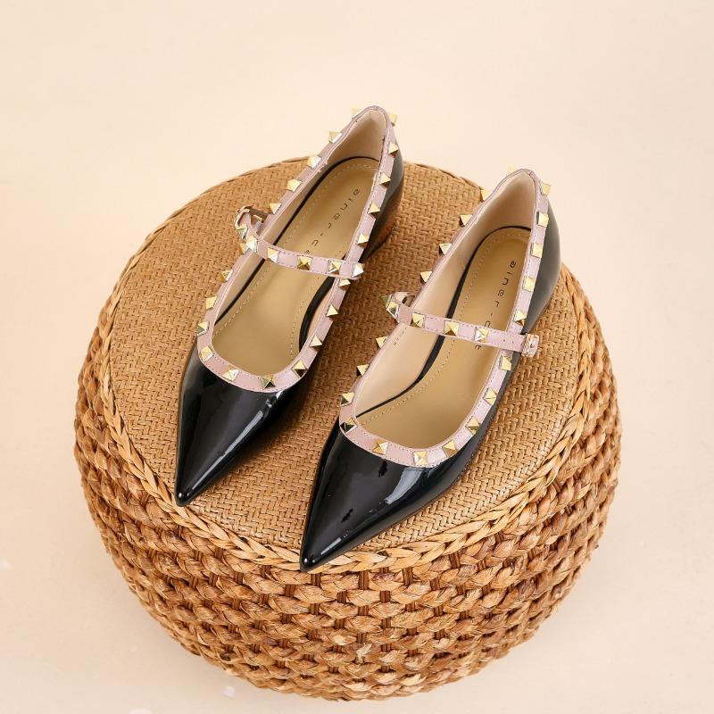 Dame Nitter Stropp Ballerinaer Enkelsko For Kjole Skinnende Lakklær Dekk Hæler Slip-ons Grønn Rød Hvit Bred Passform