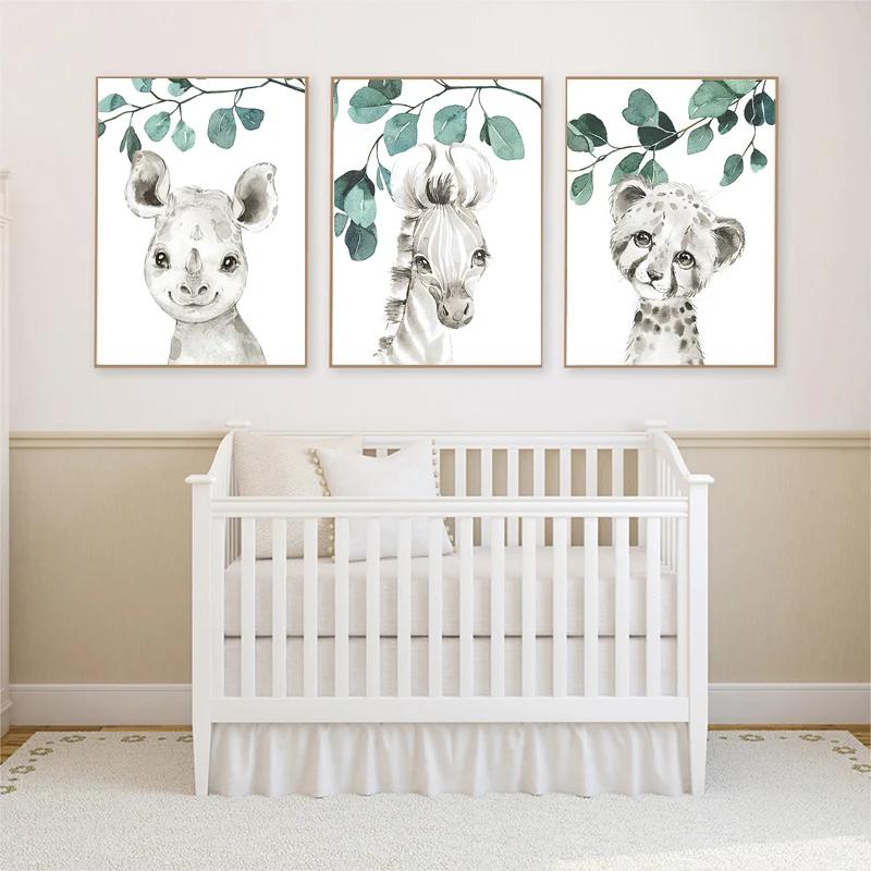 Safari Baby Animals Canvas Poster Nursery Zebra Giraffe Wall Art Print Eucalyptus Animal Painting Nordic Kid Bedroom Pictures