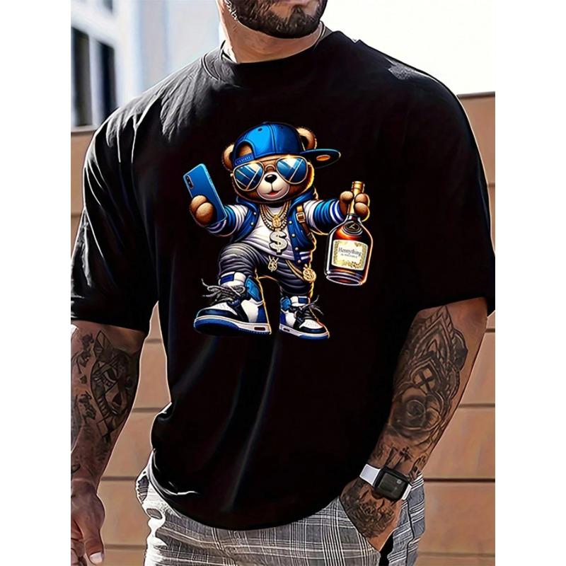 Men's Summer Fashionable Casual Loose Cartoon Bear Printed Sports Round Neck Short Sleeve T-shirt
