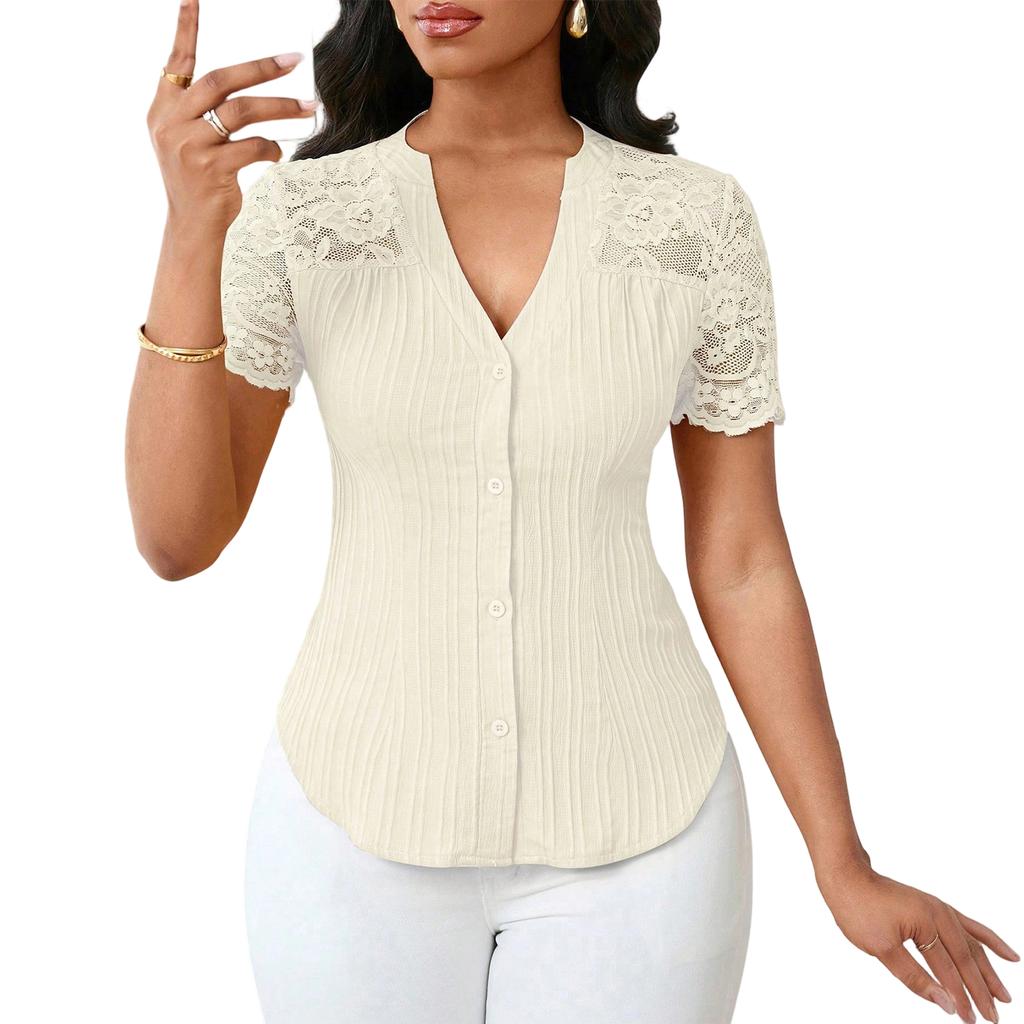 Women's Fashionable Versatile Single Breasted Color Slim Fit Embroidered Hollow Short Sleeved Top