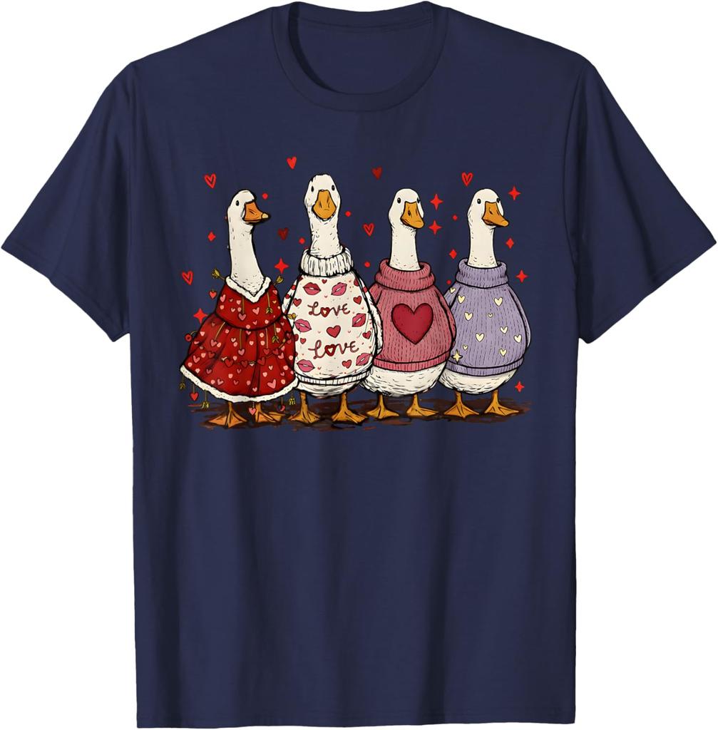 Cute Valentines Day Geese Ducks In Sweaters Graphic T-Shirt Casual Daily Wear