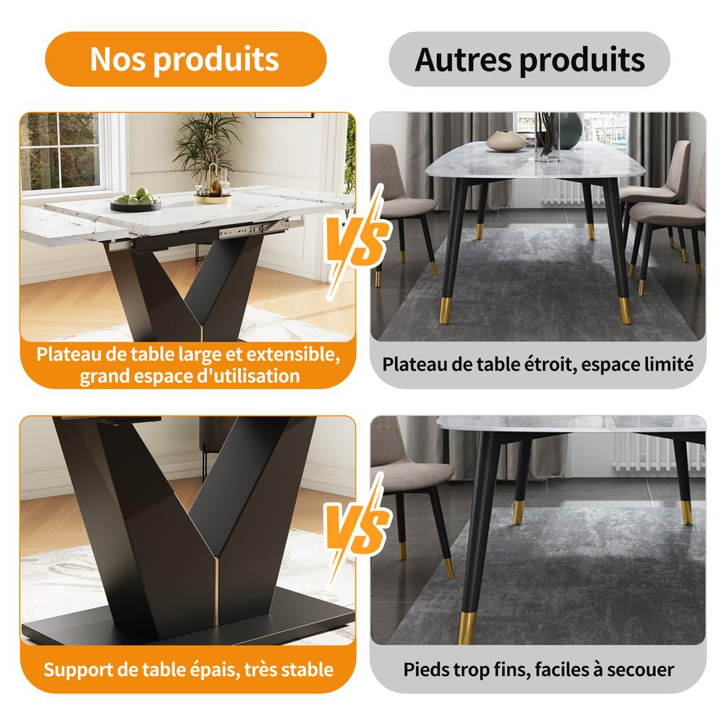 Uitschuifbare Eettafel (99-159×75cm), Uitschuifbaar, Ruimtebesparend, Flexibel Ontwerp, Geschikt voor Thuiswerkplek & Woonkamer, Wit Tafelblad met V-vormig
