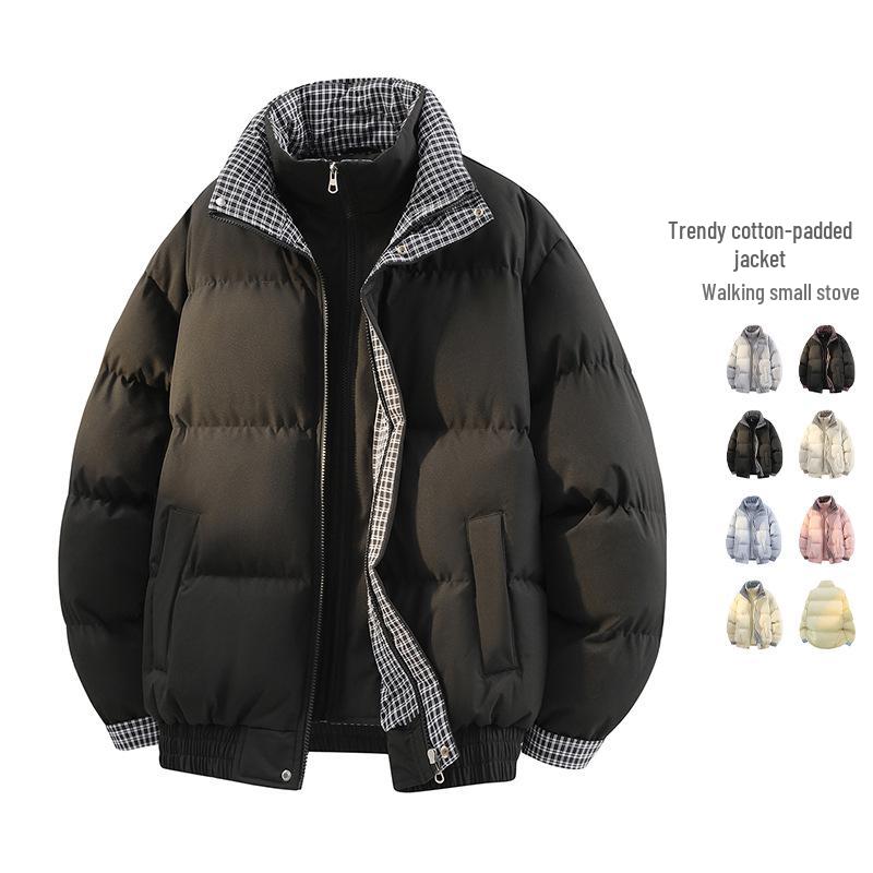 Męska Zimowa Modna Pikowana Kurtka Puffer w Kratę z Łatkami, Pogrubiona i Ciepła dla Par