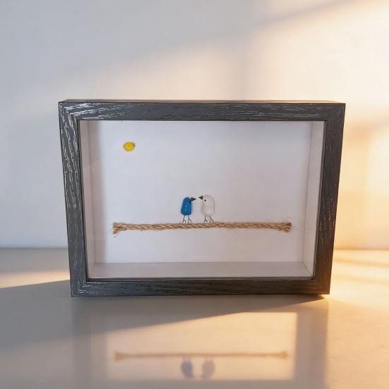 Sea Glass Photo Frame Home Decor 7.6 Inch Handmade Sea Glass Birds Artwork Wooden Frame Unique Sea Glass Art Decoration Housewarming Gift for Friend