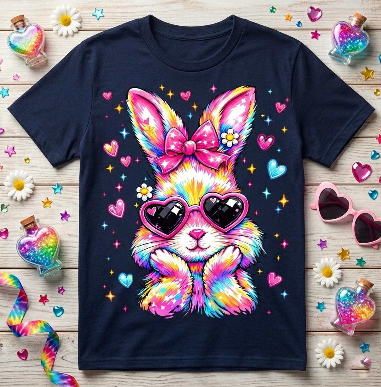 Coquette Tie Dye Easter Bunny Shirt, Colorful Heart Sunglasses Rabbit Tee S
