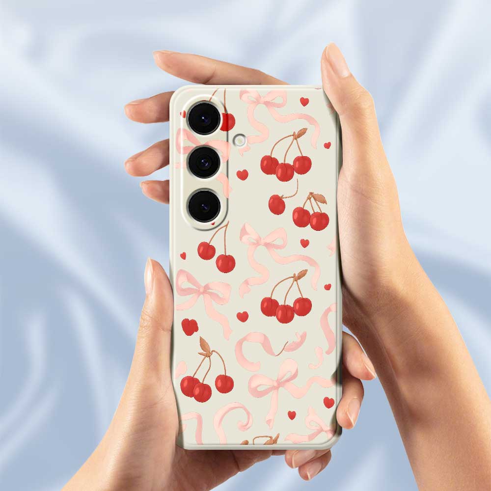 For Samsung Galaxy S24 FE Case Big Bow Cherry Pattern Printing Straight Edge TPU Phone Back Cover