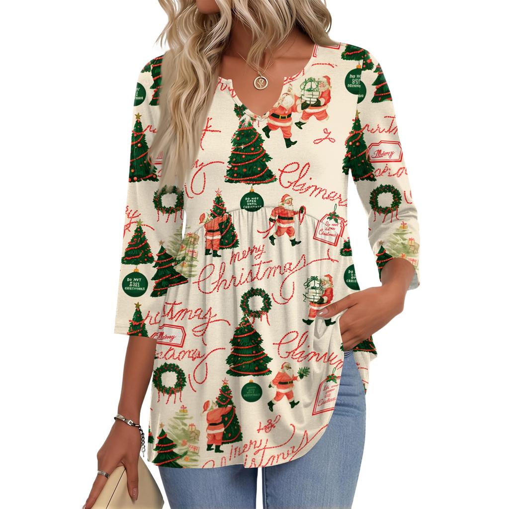 Women's Christmas Print V-Neck Three-Quarter Sleeve Casual Shirt for Holiday