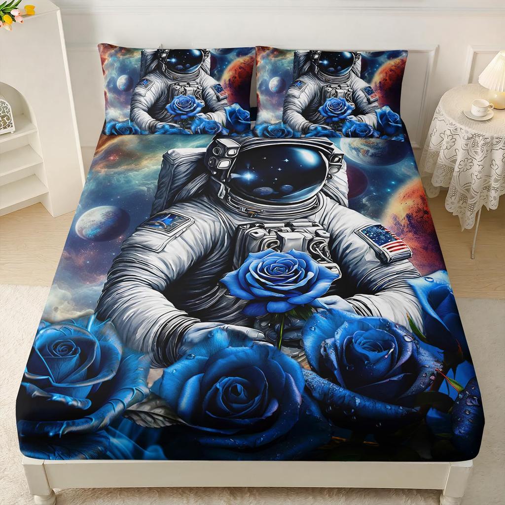 Cat Astronaut Pattern Mattress Three-Piece Digital Printing Mattress Bedding Set Adult Children