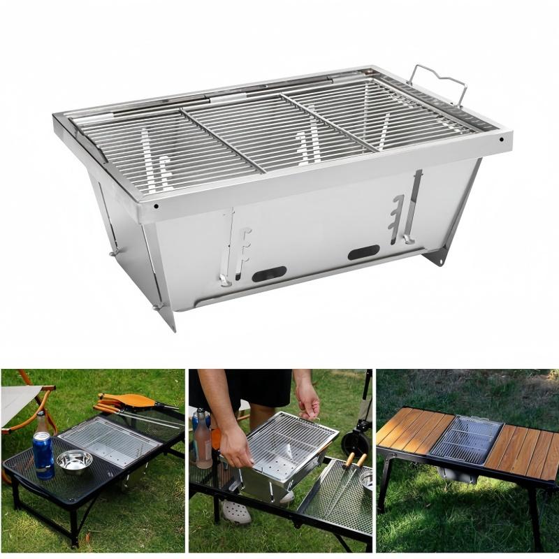 Outdoor Barbecue Charcoal Grill Portable Camping Stainless Steel Folding Wood Heater IGT Table Accessories Camping Cookware