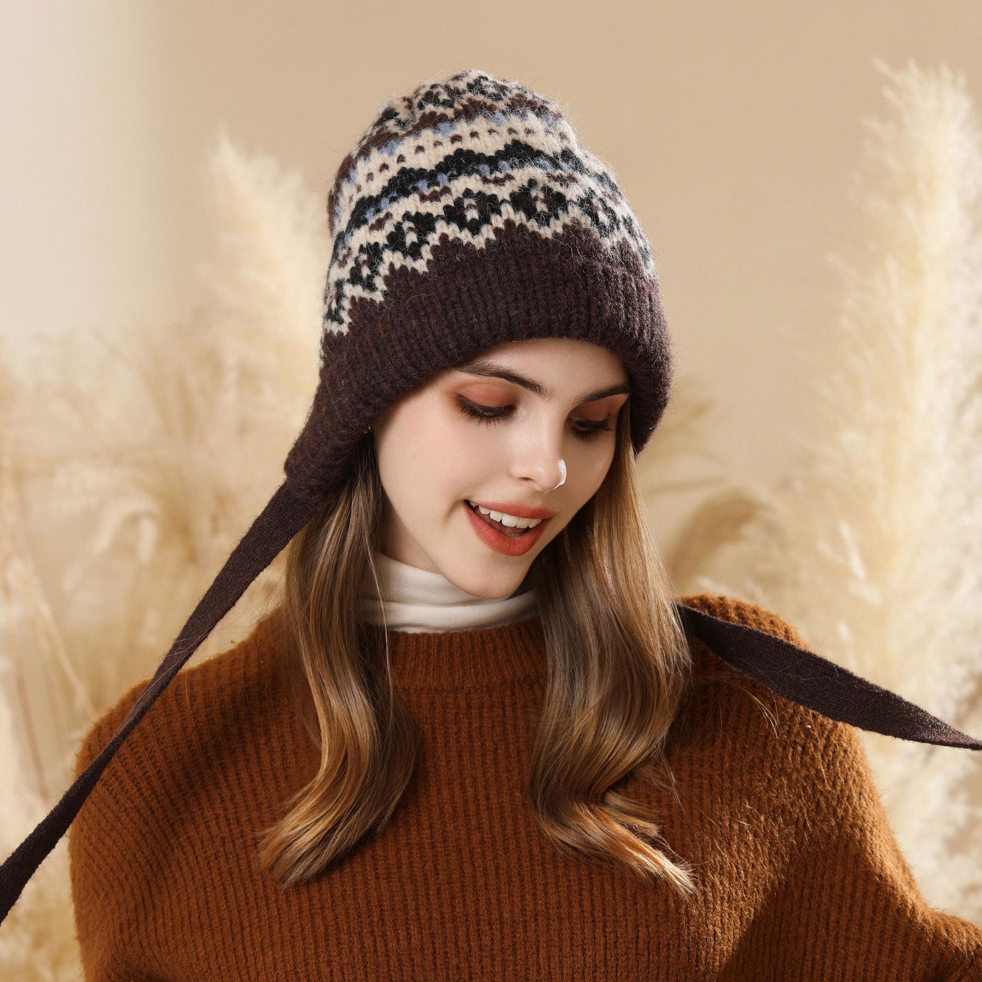 

New retro rhombus grid knitted ear protector children s autumn and winter warm versatile trendy fashion thickened wool hat One Size