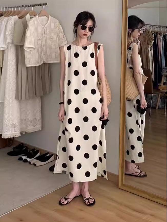 Women's Polka Dot Backless Sleeveless Dress - Summer Holiday Style, Slim Fit, Loose Fit, Long Length