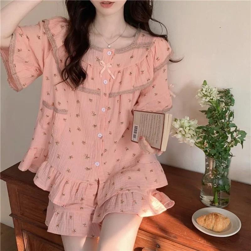 ins style pajamas women s summer new sweet floral high-value short-sleeved shorts bow girl loungewear M