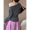 Juzhi Spring Retro Striped Off-Shoulder Slim Fit Long Sleeve T-shirt