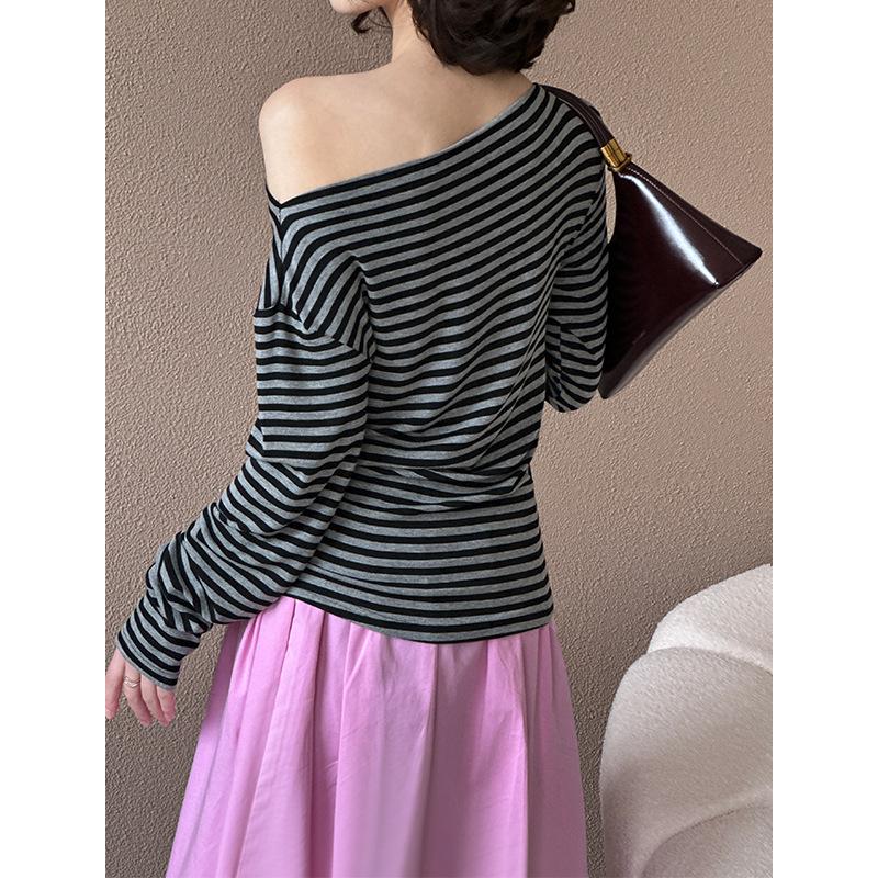 Juzhi Spring Retro Striped Off-Shoulder Slim Fit Long Sleeve T-shirt