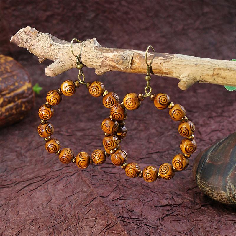 Ethnic Vintage Bohemian Drop Danlge Women's Earrings Bead Wooden Tassel Round Geometric Flower Leaf Long Boho Earrings Zircon