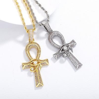 Hip Hop Eye of Horus Ankh Cross Pendant Copper Zircon Vintage Versatile Jewelry Necklace Wholesale