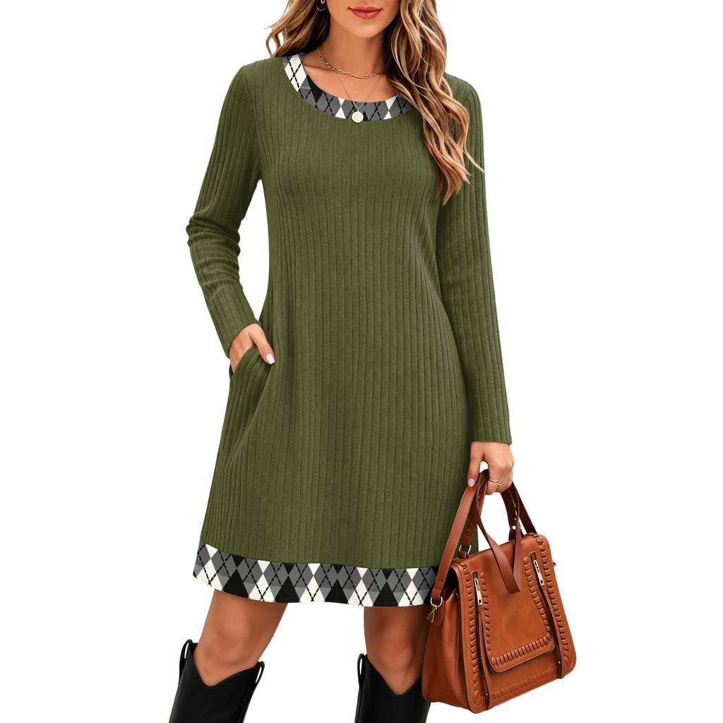 Women's Fashion Vertical Striped Knit Long Sleeve Dress for Casual Everyday Wear