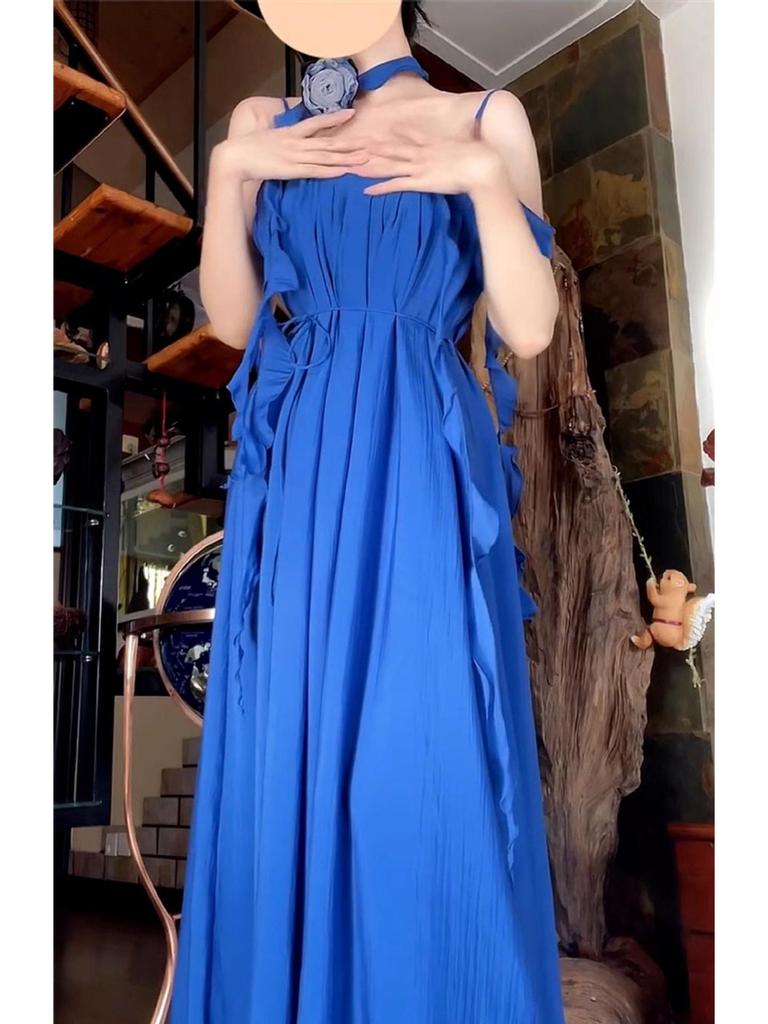 Elegant Blue Spaghetti Strap Halter Neck Maxi Dress for Women - 2026 Summer Resort Collection, Sanya