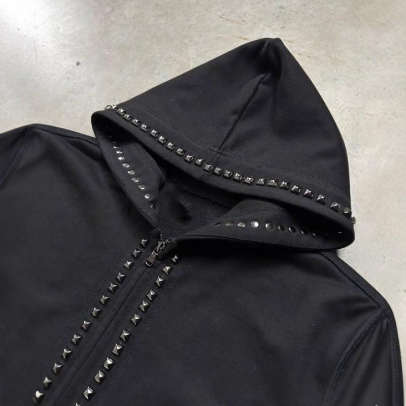 Unisex Hooded Zip-Up Sweatshirt With Beaded Embellishment Streetwear Loose Fit Long Sleeve Black Gray