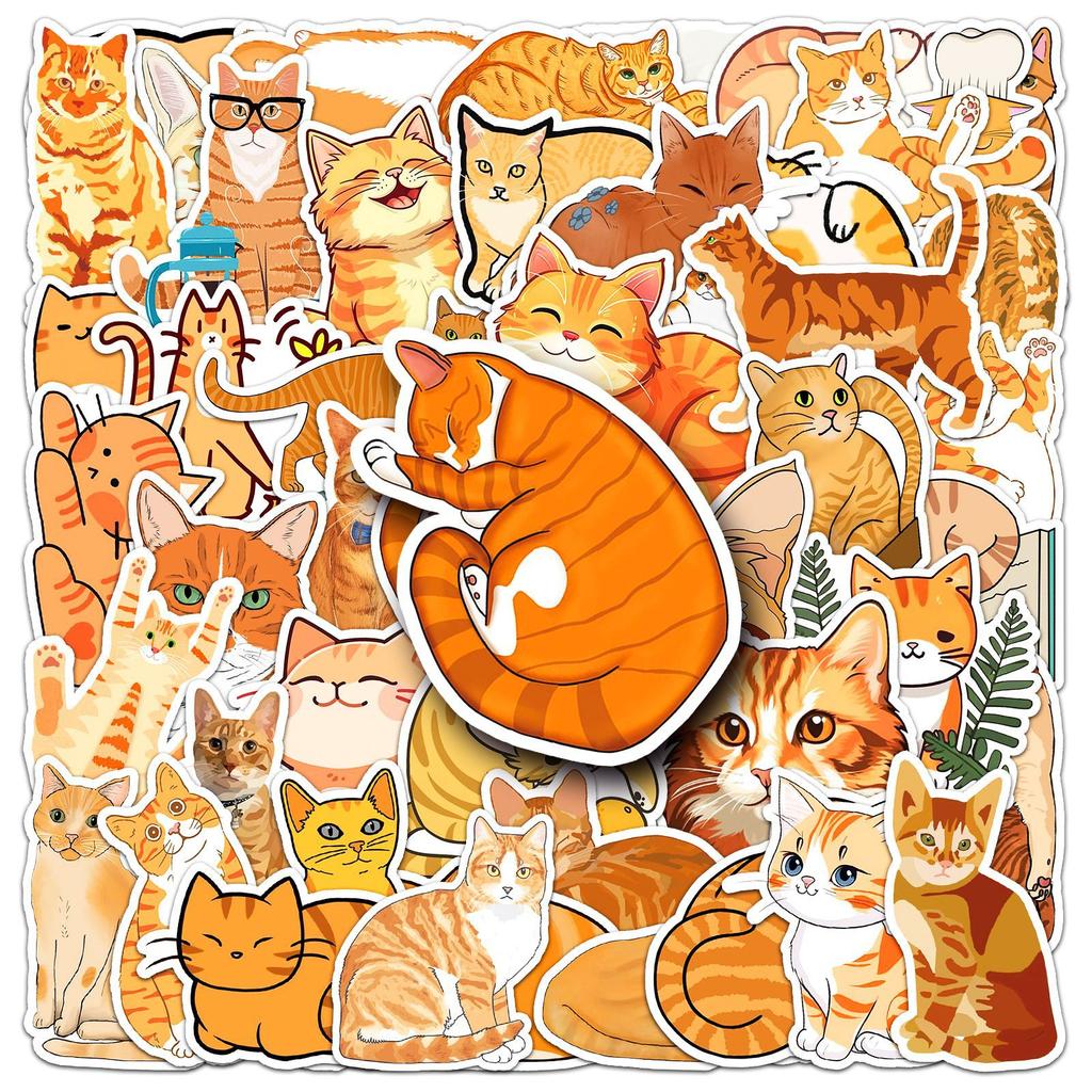 50 Orange Cat Doodle Stickers Personalized Cartoon Cute Cat Decorative Mobile Phone Case Water Cup Suitcase Stickers