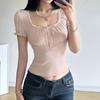Sweet Button-up Top Women's Summer Cute Slim-fitting Contrast Lace Stitching Bow Square Collar T-shirts Y2K Korean Tees