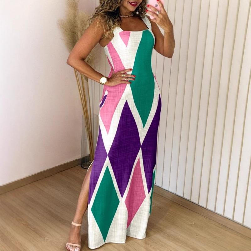 Summer new sleeveless contrasting colors sexy slim-fitting split commuter dress women's clothing