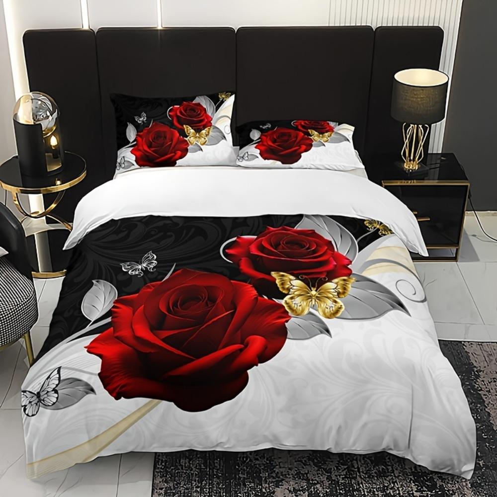 

3pcs Bedding Set Golden Butterfly Romantic Rose Print Cozy Duvet Cover King Queen Twin Single Size Birthday Gift Bedroom Decor EU Single 135x200cm