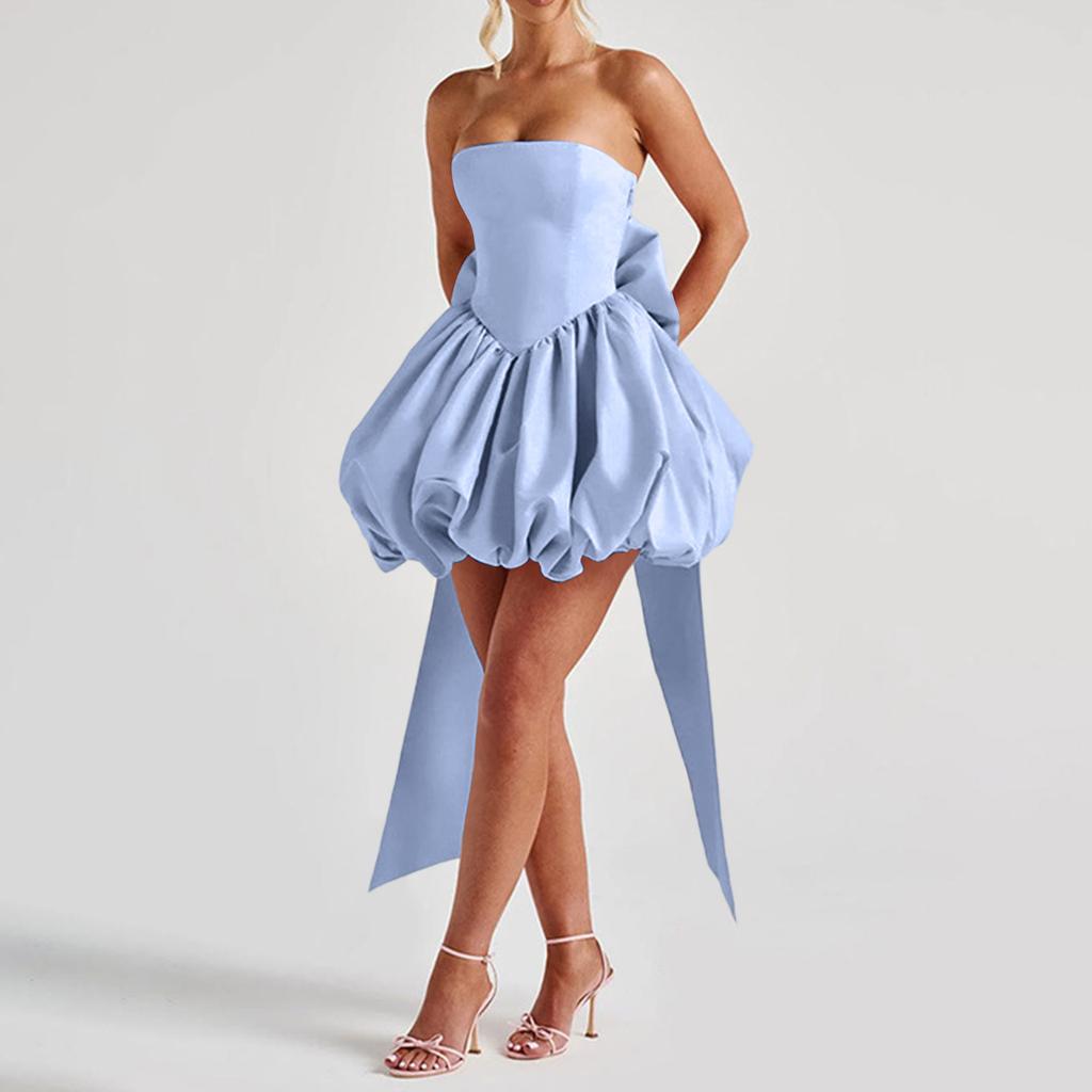 Women's Fashionable And Sexy Strapless Evening Dress With Slits And Bow.