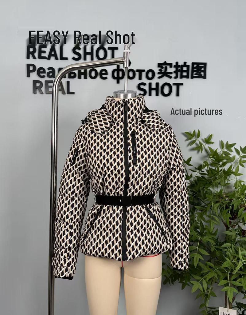 Europeisk & Amerikansk Dammode Flerfärgad Skidjacka med Huva och Dragsko i Midjan - Höst/Vinterstil