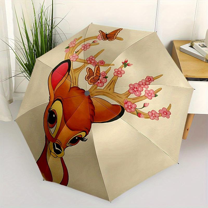 Bambi, Flowers Automatic Opening and Closing Umbrella - 8 Ribs Portable Folding Umbrella with Plastic Handle, Suitable for Leisure and Hallo