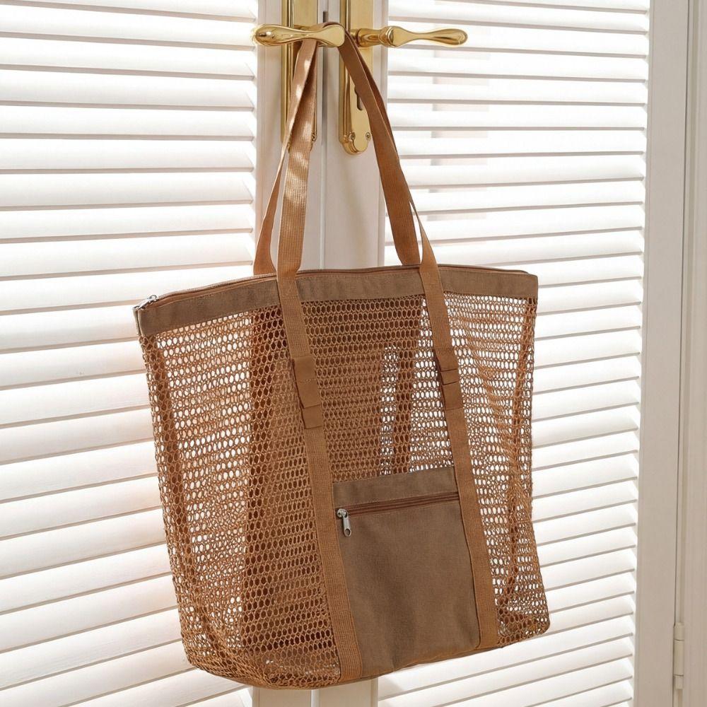 Nylon Mesh Beach Bag Zipper Mesh Handbag Soild Color Toiletry Storage Bag  Travel