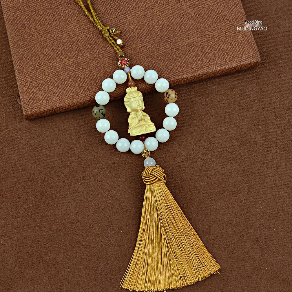 25 Boxwood Small Buddha Car Pendant - High-End White Jade Bodhi Rearview Mirror Ornament for Car Interiors