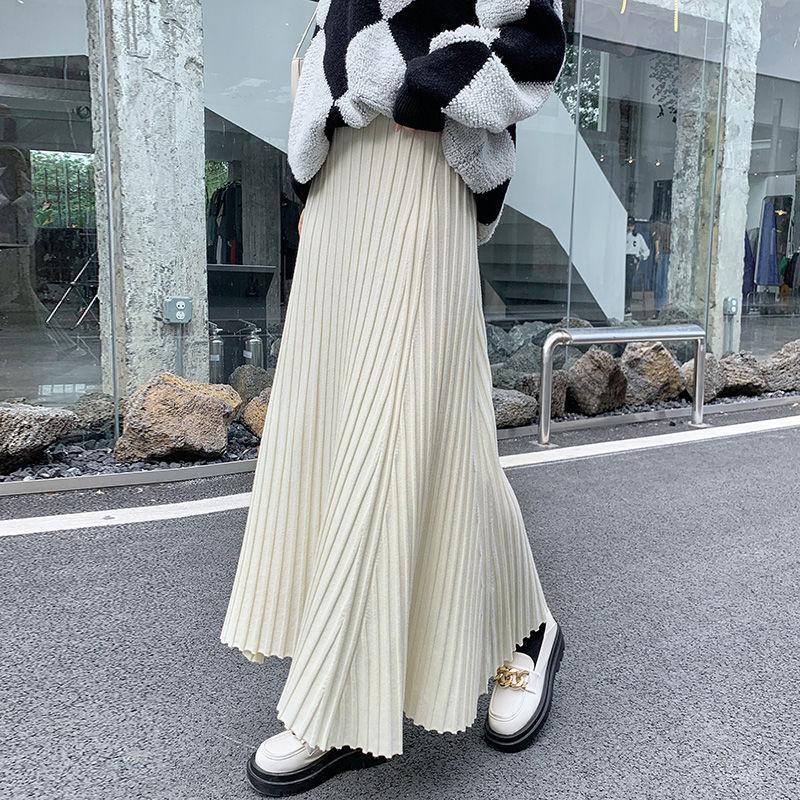 Autumn Winter Simple Classic Warm Female Knit Long Skirt Pleated Skirt Women High Waist Slim Vintage A-Line Skirt