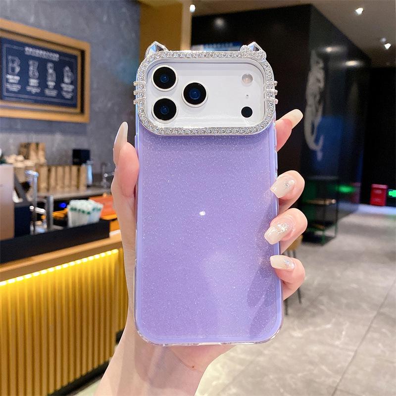 Sweet Girl Minimalist Rhinestone Cat Ear Case for iPhone 17 Pro Max 16